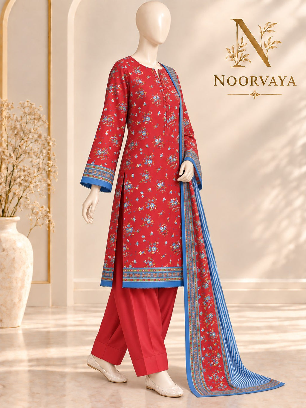 Red Blue Floral 3-Piece Printed Suit - left view