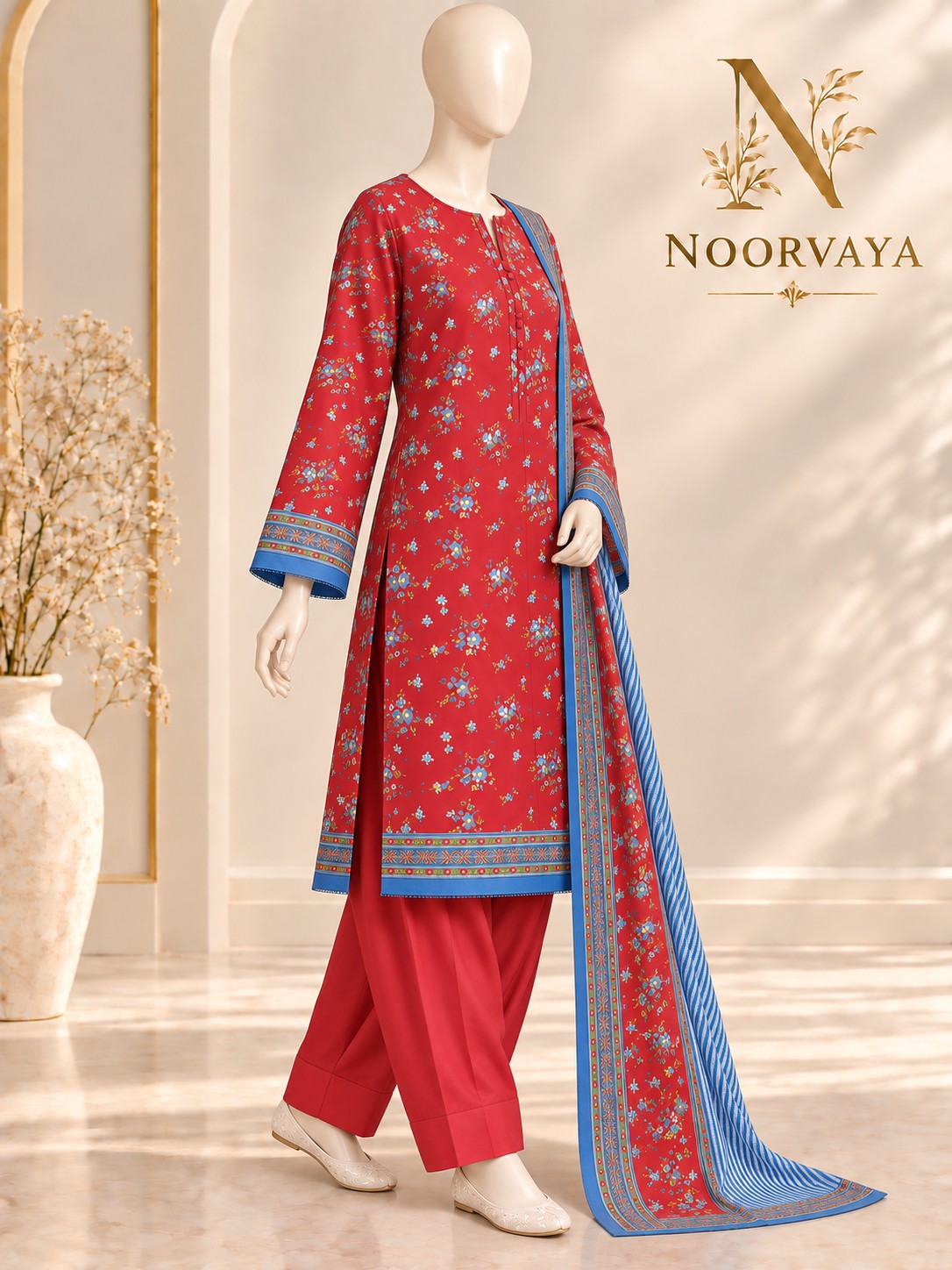 Red Blue Floral 3-Piece Printed Suit - left view