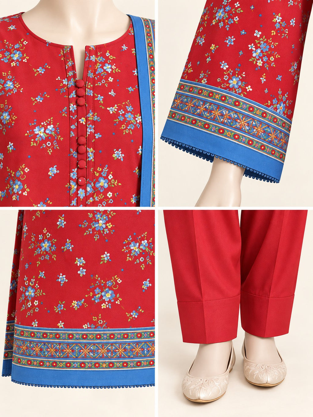 Red Blue Floral 3-Piece Printed Suit - details view