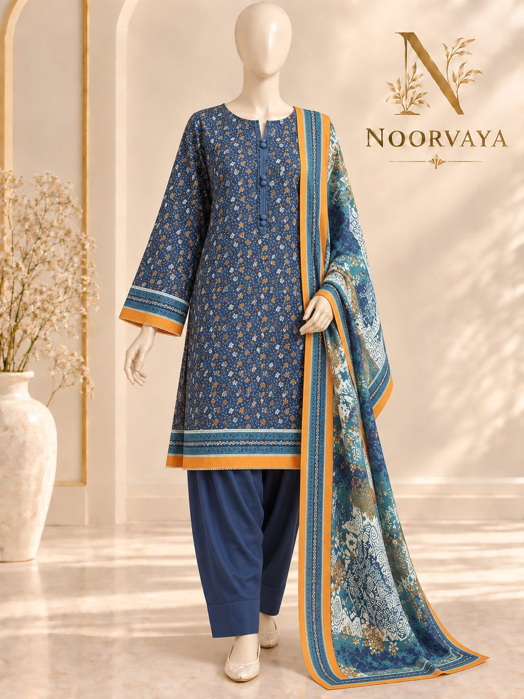 Navy Ochre 3-Piece Printed Suit - front final view