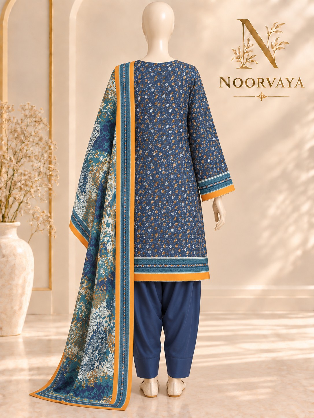 Navy Ochre 3-Piece Printed Suit - back view
