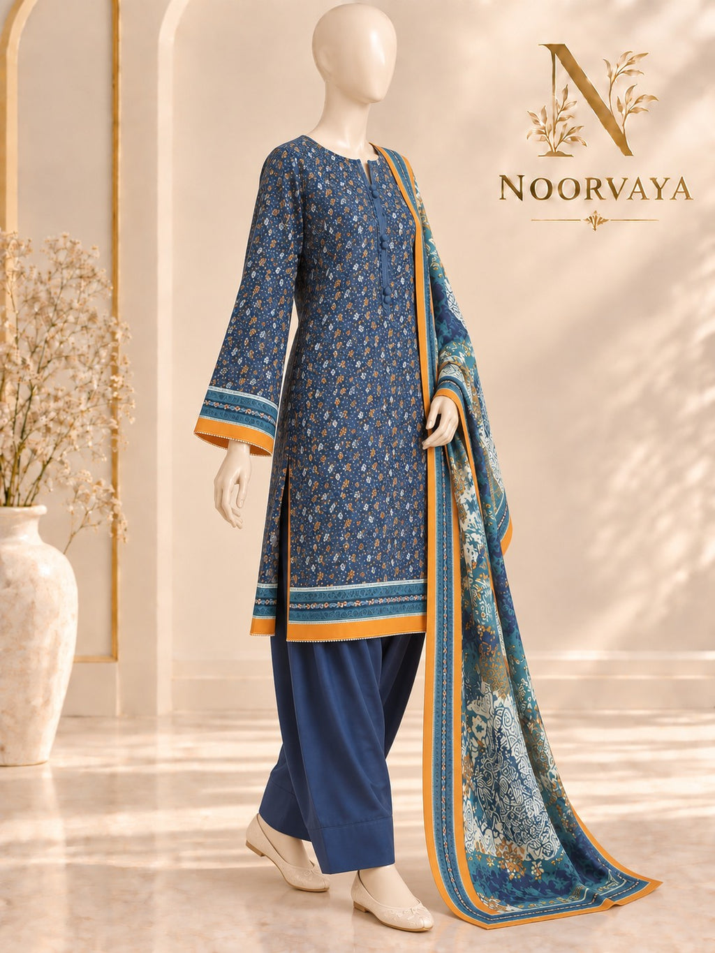 Navy Ochre 3-Piece Printed Suit - left view