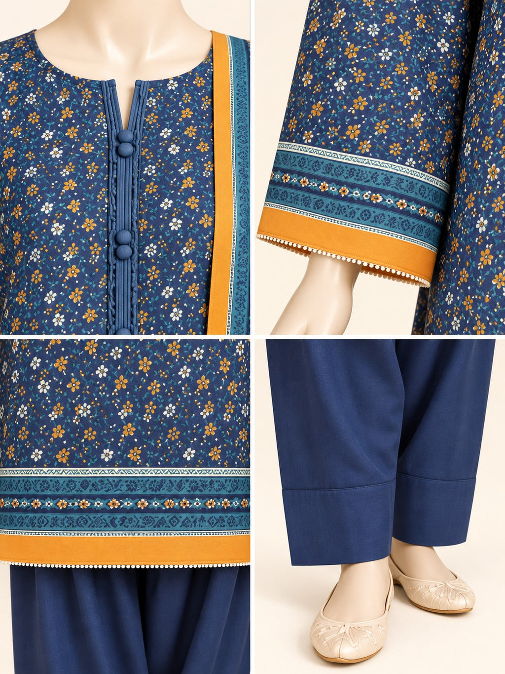 Navy Ochre 3-Piece Printed Suit - details view