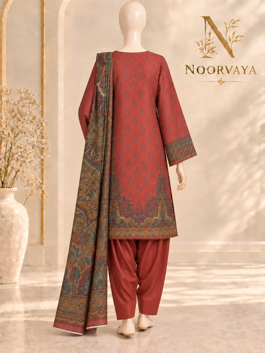 Rust Paisley 3-Piece Printed Lawn Suit - back view