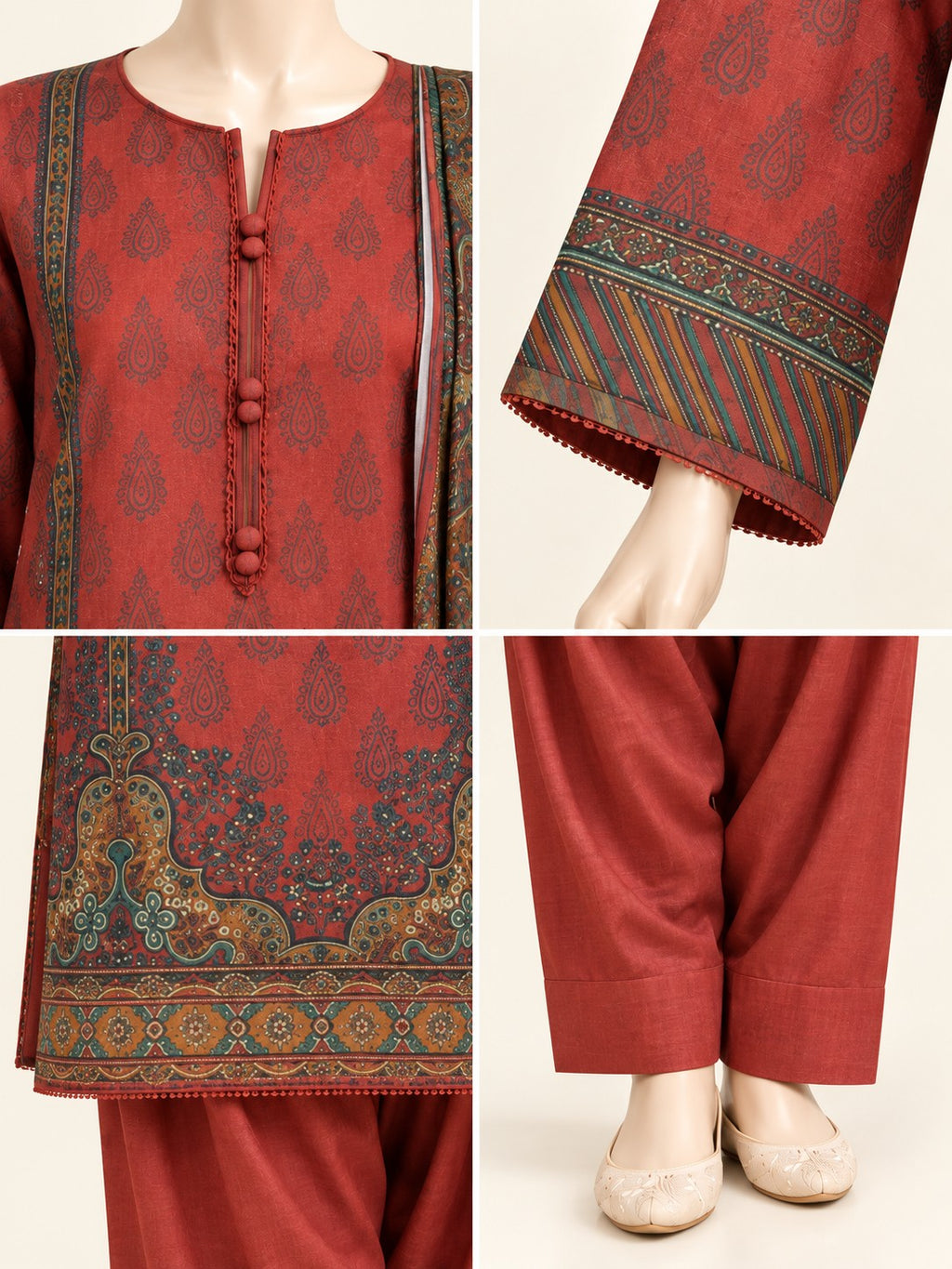 Rust Paisley 3-Piece Printed Lawn Suit - details view