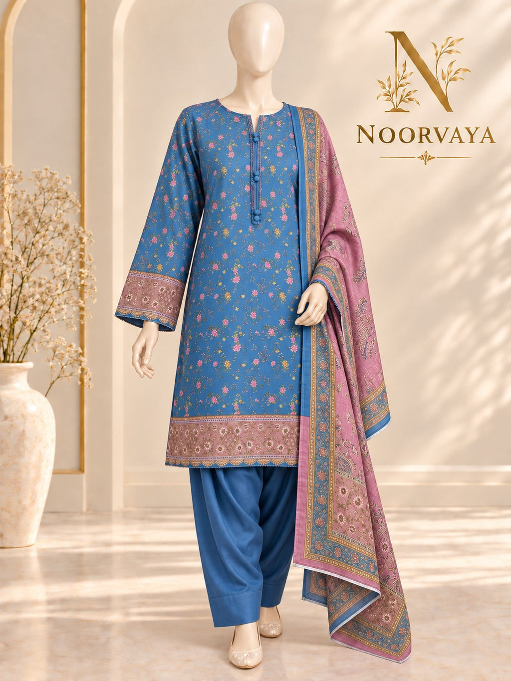 Blue Rose 3-Piece Printed Suit - front final view