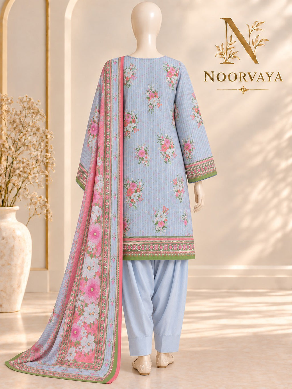 Pale Blue Coral 3-Piece Printed Suit - back view