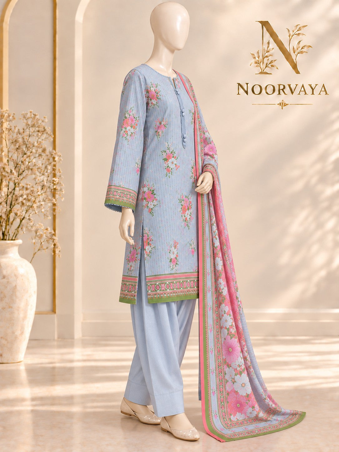 Pale Blue Coral 3-Piece Printed Suit - left view