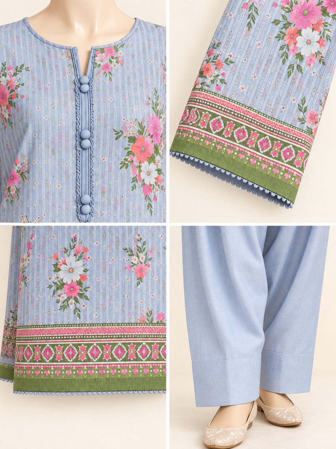 Pale Blue Coral 3-Piece Printed Suit - details view
